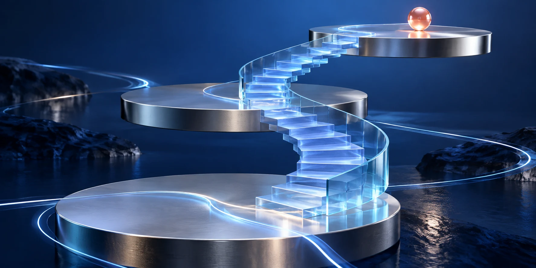 Blue glass steps connect floating silver platforms, a visual metaphor for building progress